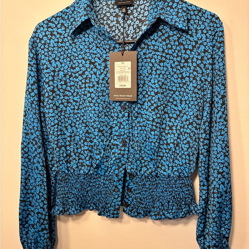 Who What Wear Black and Blue Patterned Blouse
